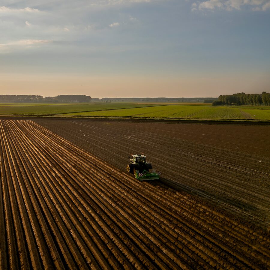 Un champ avec un tracteur